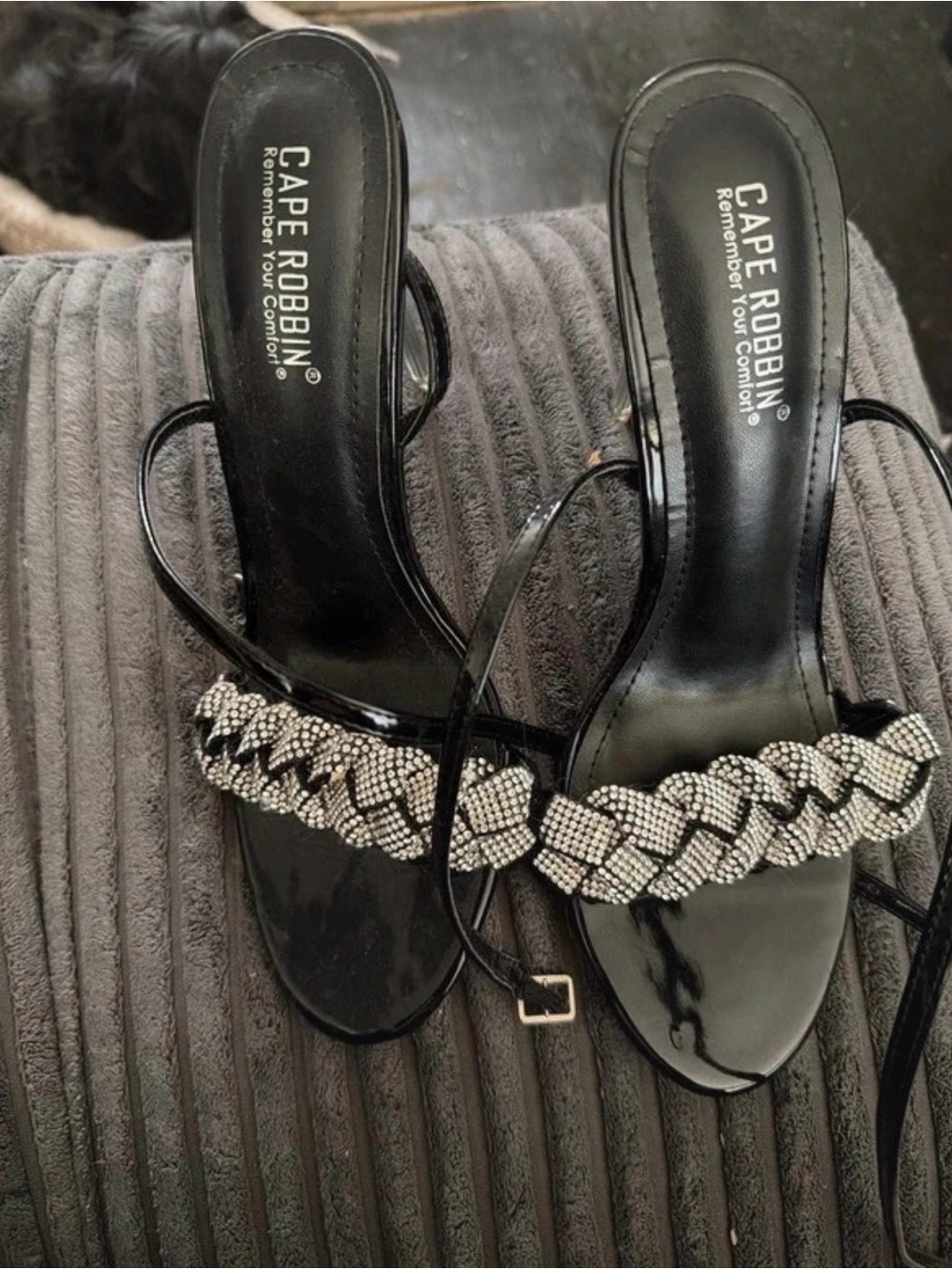 Cape Robbin Black Patent Braided Crystal Strap Heels